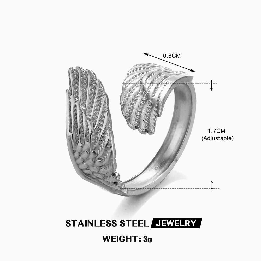 Angel wings design “ inner strength”adjustable open ring stainless steel water resistant tarnish free