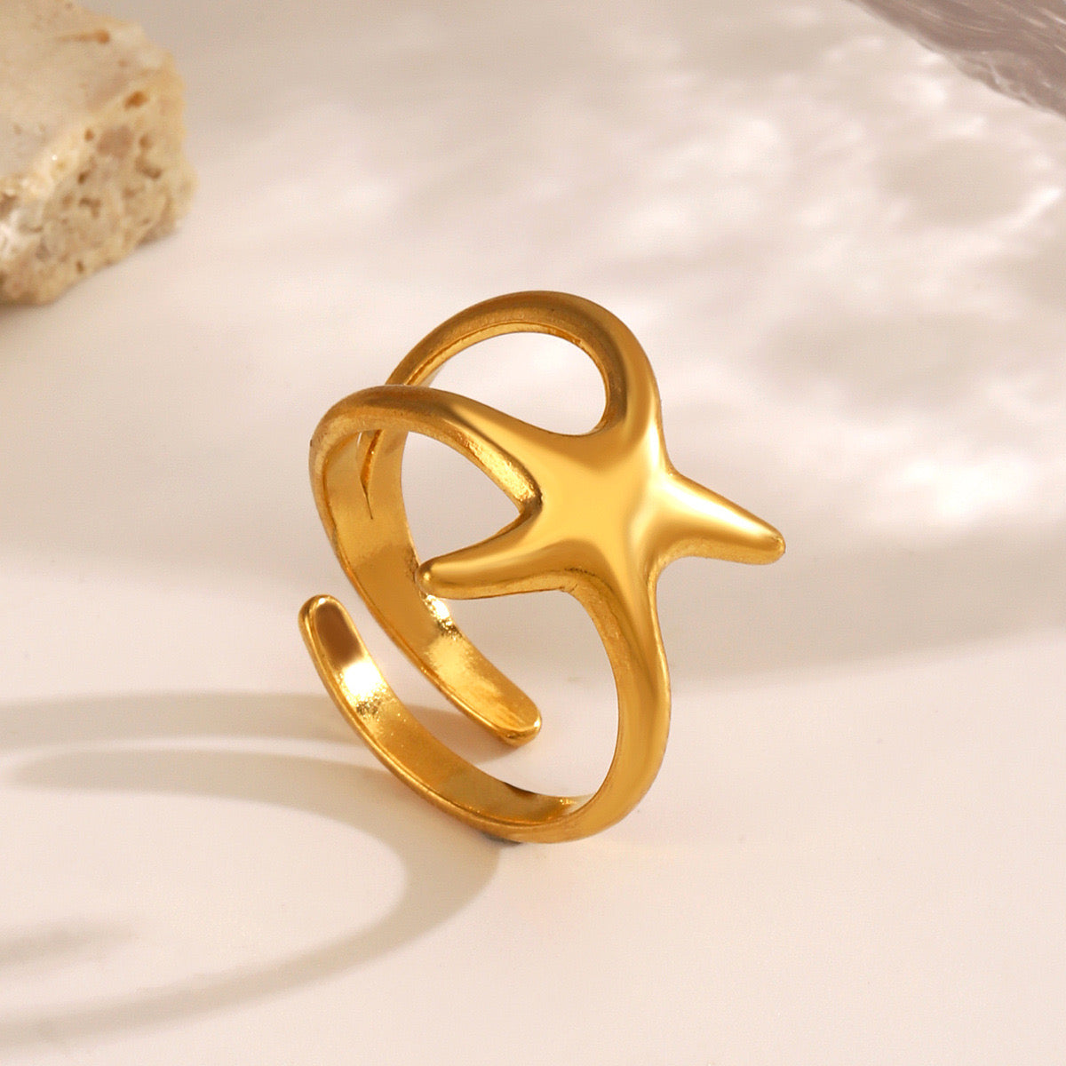 Ocean starfish design stainless steel tarnish free water resistant adjustable size ring