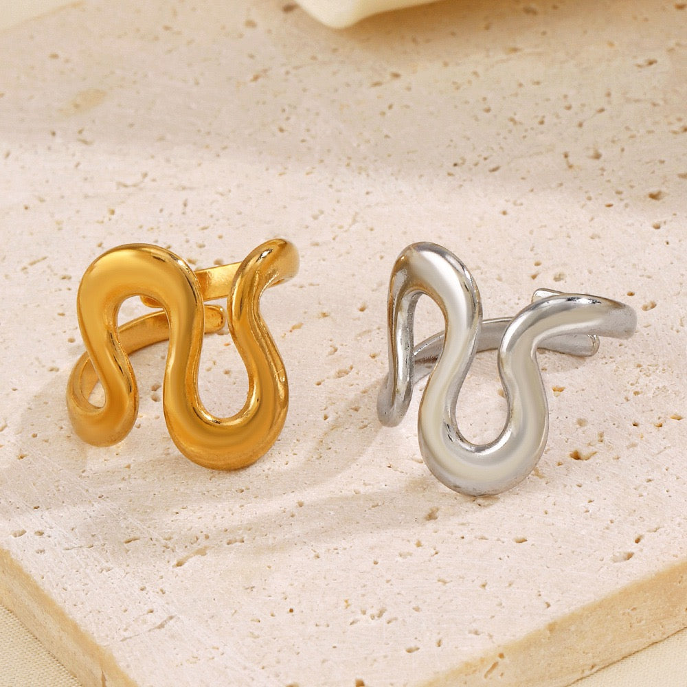 Large wavy design adjustable open ring stainless steel water resistant