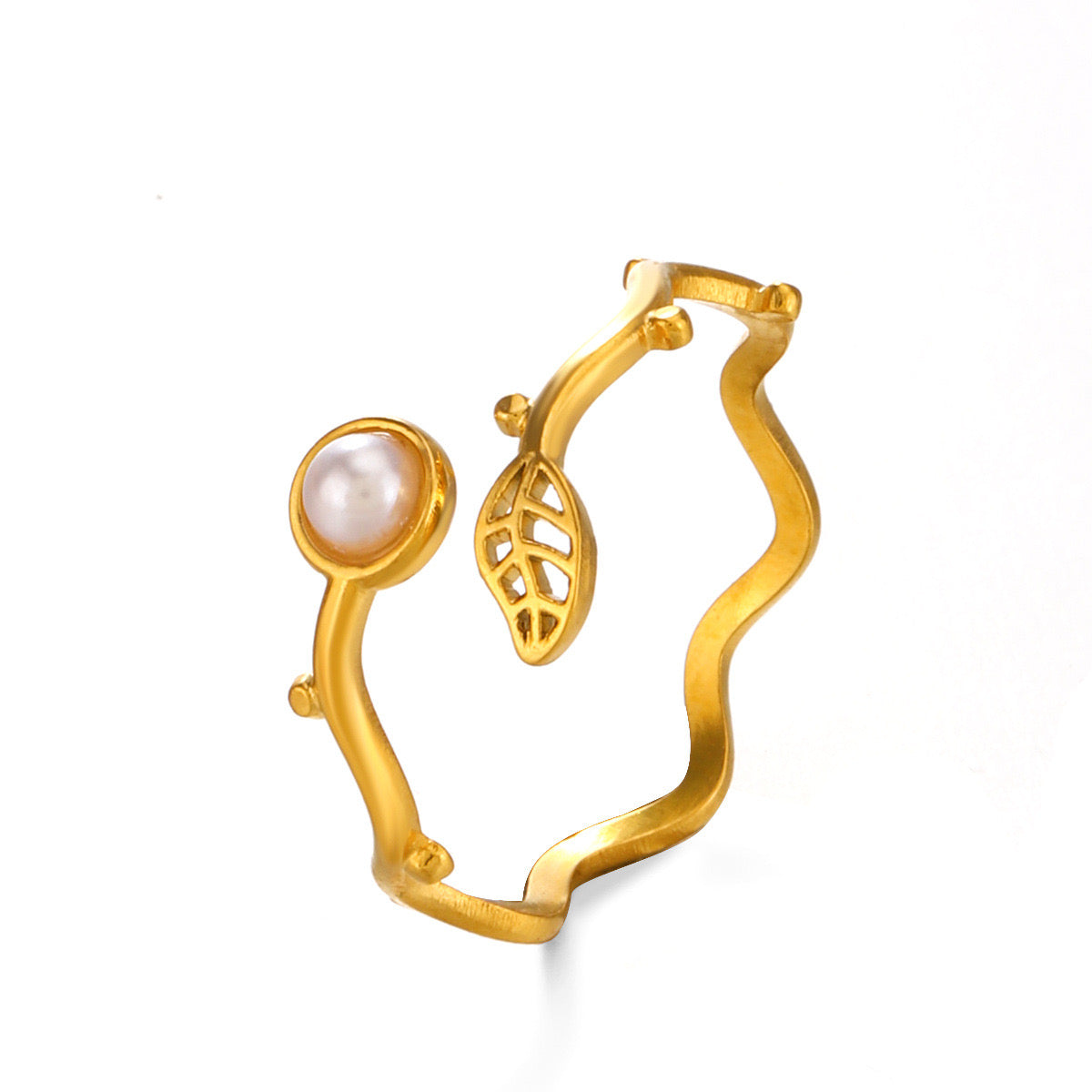 Pearl with leaf nature design adjustable stainless steel water resistant ring