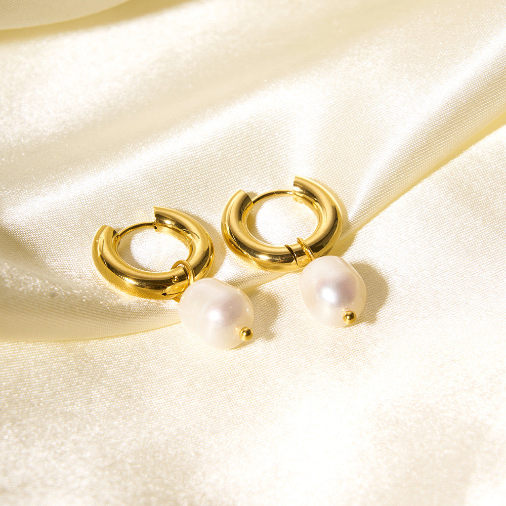 Fresh water pearls with chunky hoops earrings stainless steel water resistant