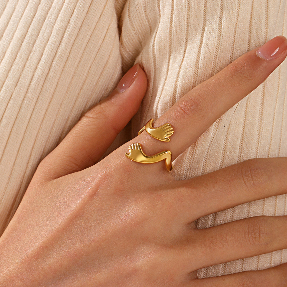 Big love hug with two hands adjustable ring Gold & silver stainless steel tarnish free water resistant