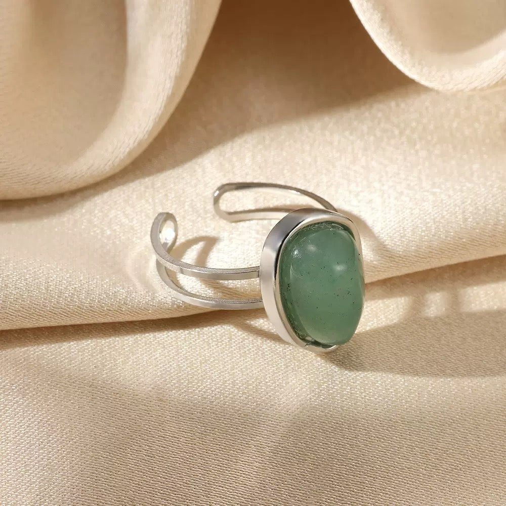 Gem stones adjustable open ring stainless steel tarnish free
