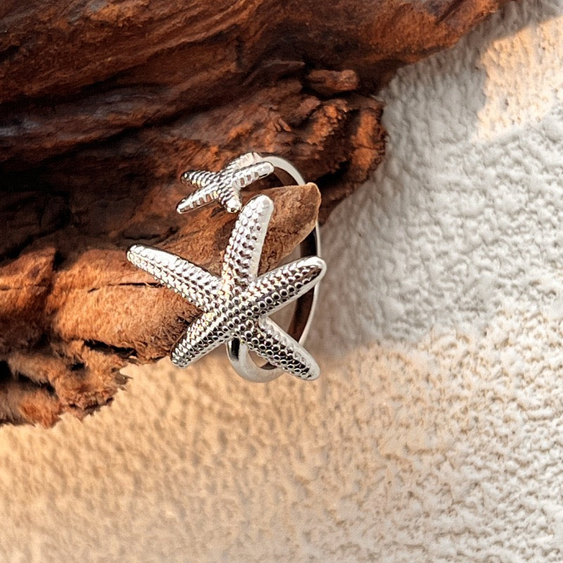 2 starfishes ocean inspired silver&gold adjustable open ring stainless steel tarnish free
