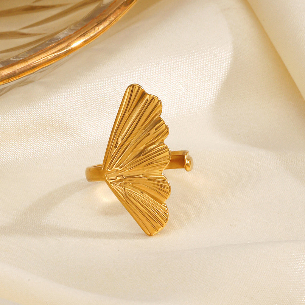 Ginkgo leaf inspired stylish adjustable ring stainless steel water resistant
