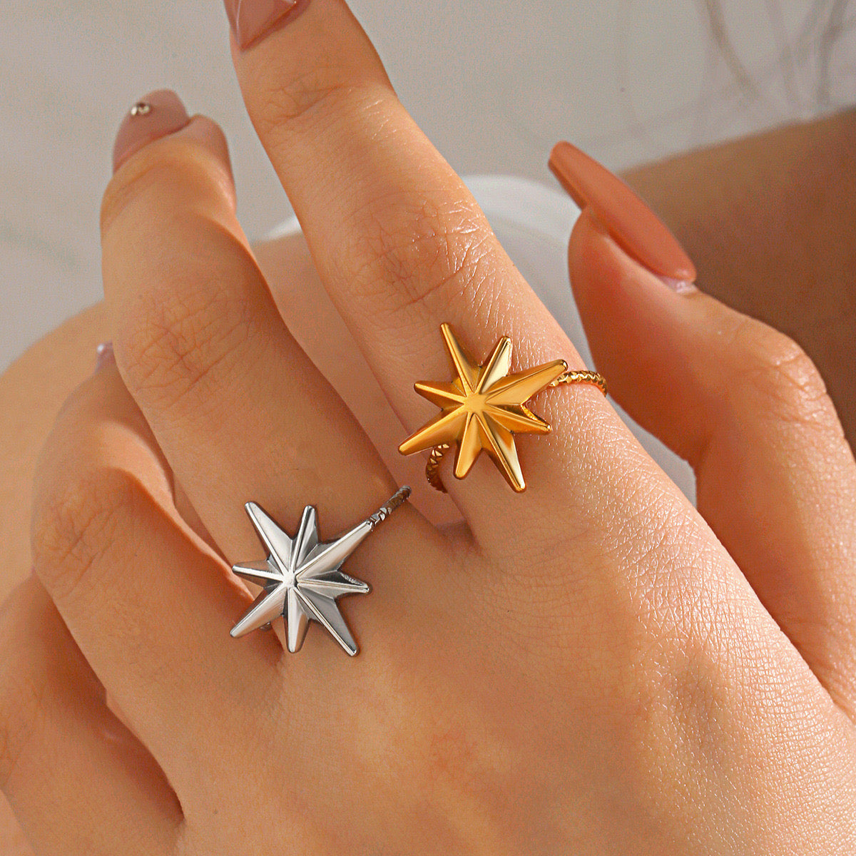 Star design stainless steel tarnish free water resistant adjustable size gold&silver ring