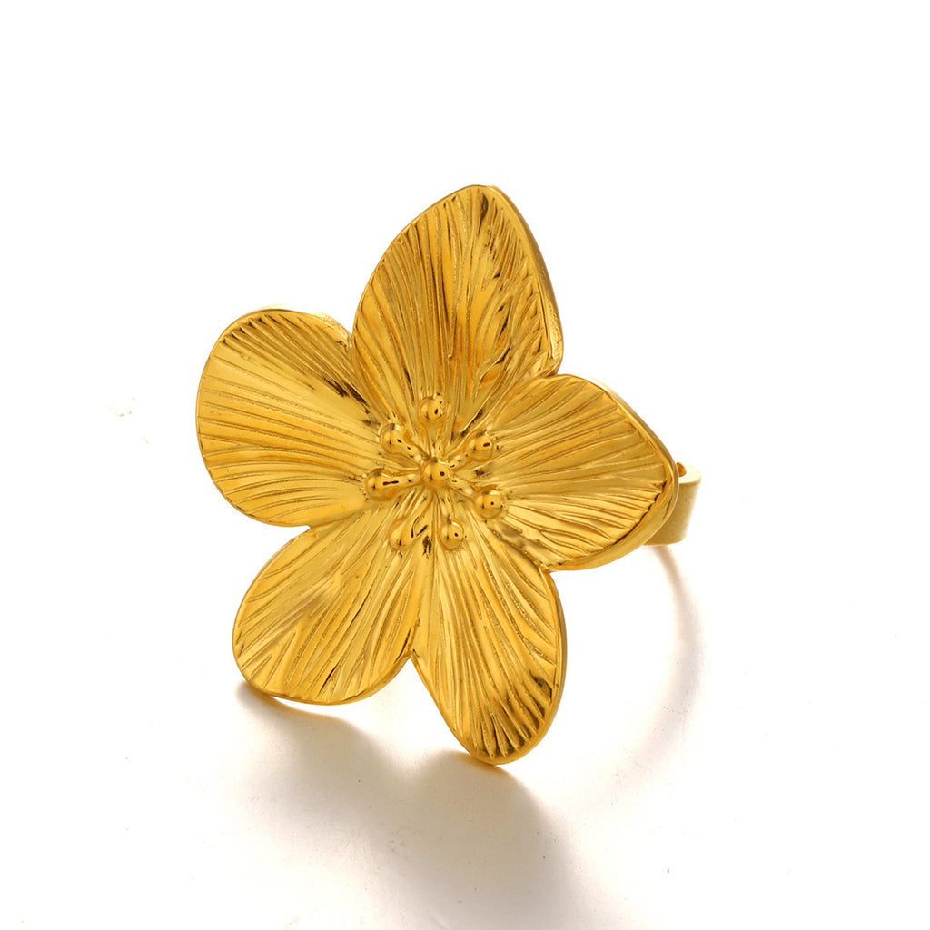 Large Floral inspired design adjustable ring tarnish free stainless steel