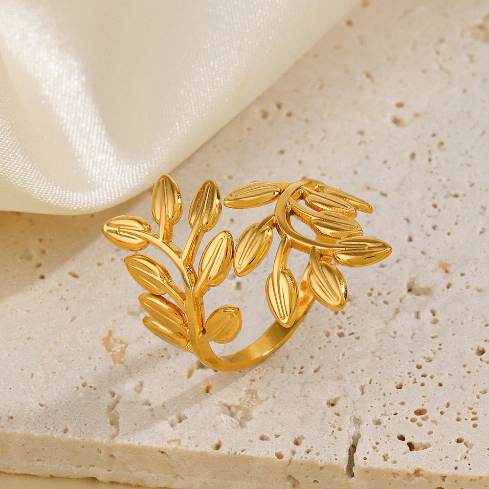 Large tree leaf inspired adjustable ring stainless steel water resistant