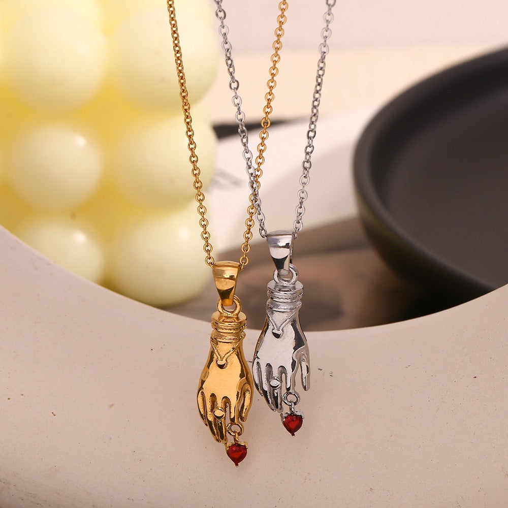Hand with little red hearts love design silver&gold necklace stainless steel water proof