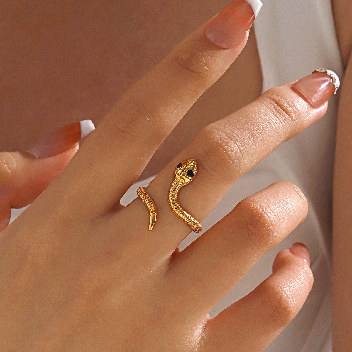 Mystery black eye snake with pattern adjustable ring gold & silver stainless steel tarnish free water resistant