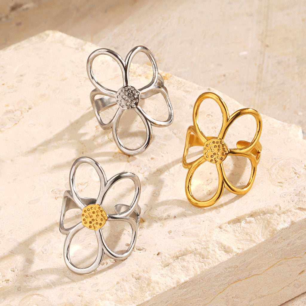 Large floral Five-petaled flower design adjustable ring gold & silver stainless steel water resistant tarnish free