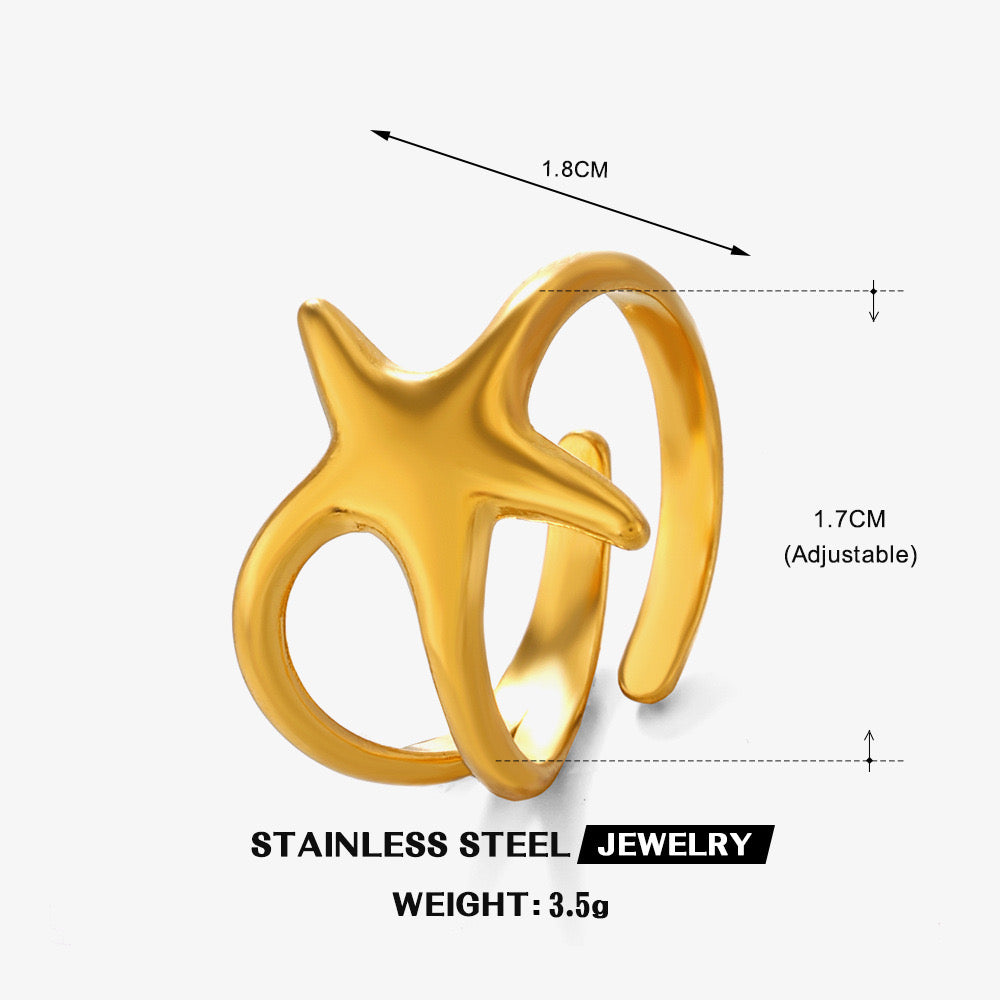 Ocean starfish design stainless steel tarnish free water resistant adjustable size ring
