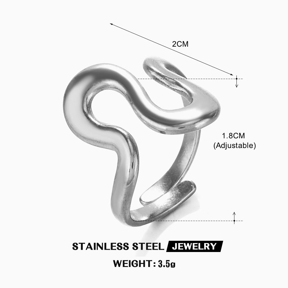 Large wavy design adjustable open ring stainless steel water resistant