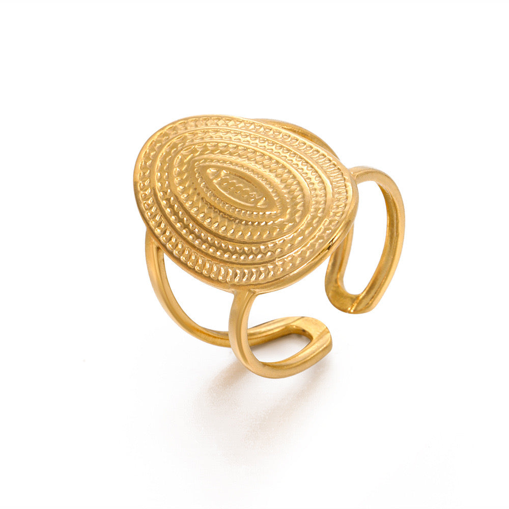 Oval with swirl adjustable stainless steel water resistant tarnish free ring classic chunky