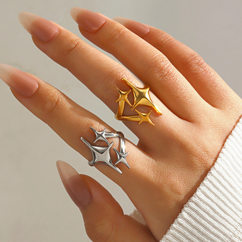 Large Three stars design adjustable ring gold & silver stainless steel tarnish free water resistant