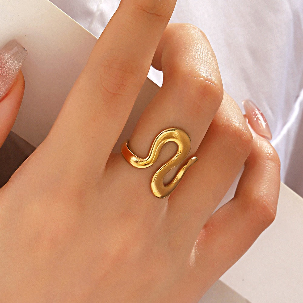 Large wavy design adjustable open ring stainless steel water resistant