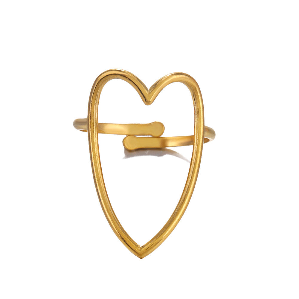 Large heart design gold&silver adjustable ring stainless steel tarnish free water resistant simple