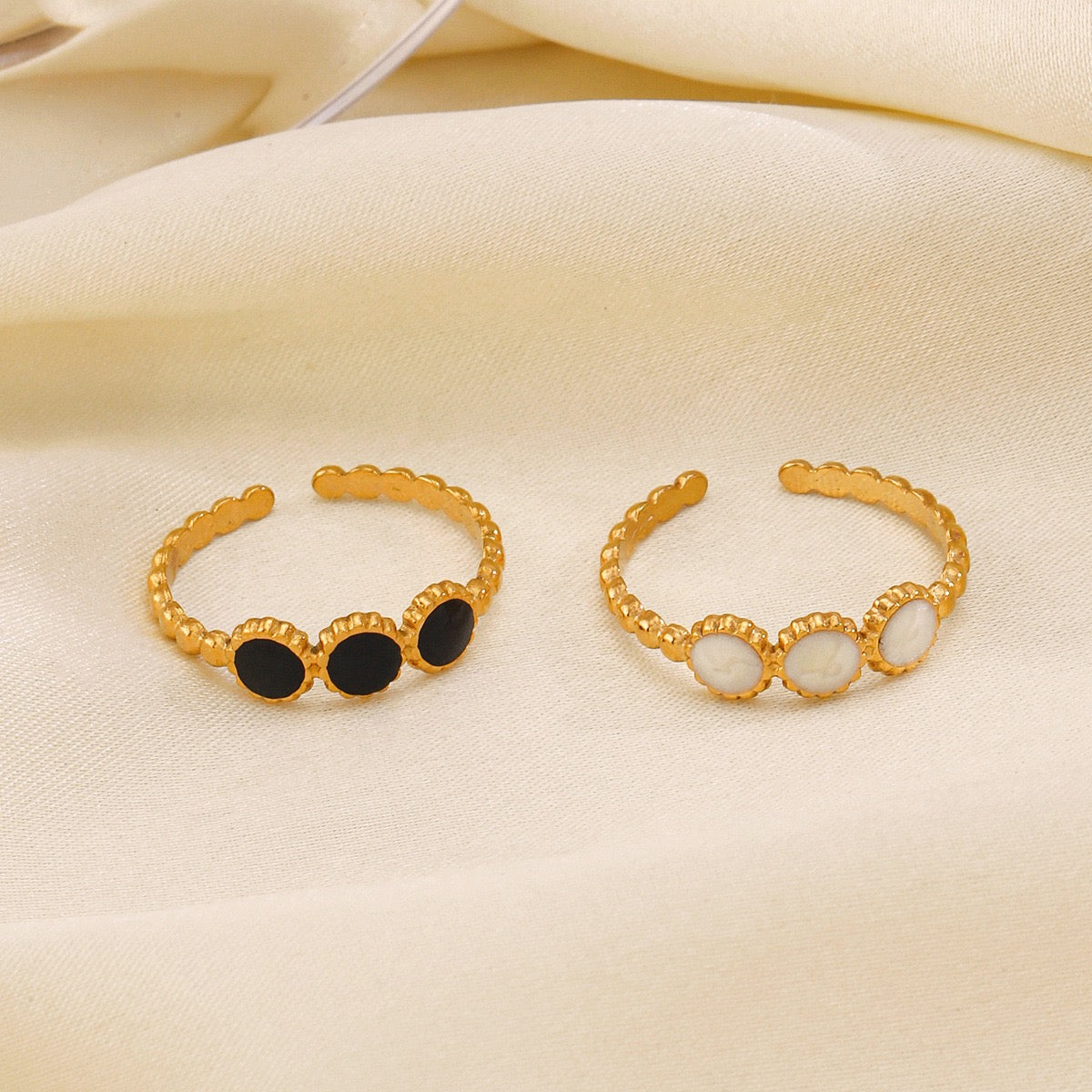 3 Black or white small circles design stainless steel tarnish free adjustable ring