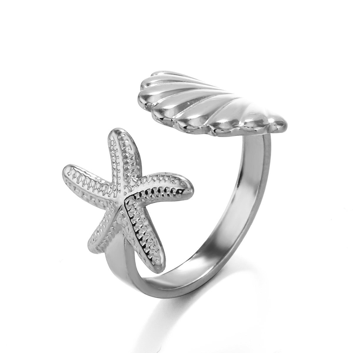 starfish and shell holiday ocean design silver &gold adjustable ring stainless steel water resistant