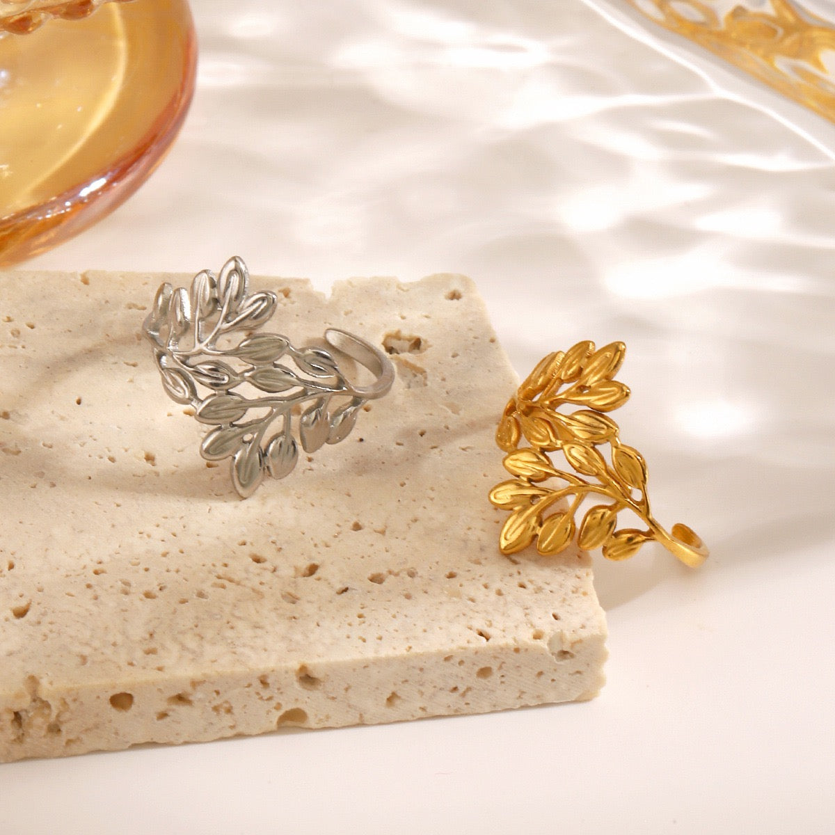 Small leaves design adjustable open ring stainless steel water resistant