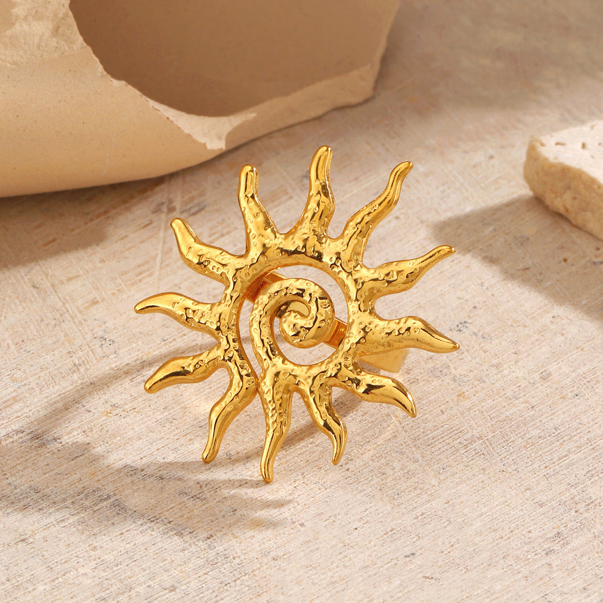 Sun with Swirl pattern ocean inspired adjustable ring stainless steel tarnish free water resistant  confidence and stylish
