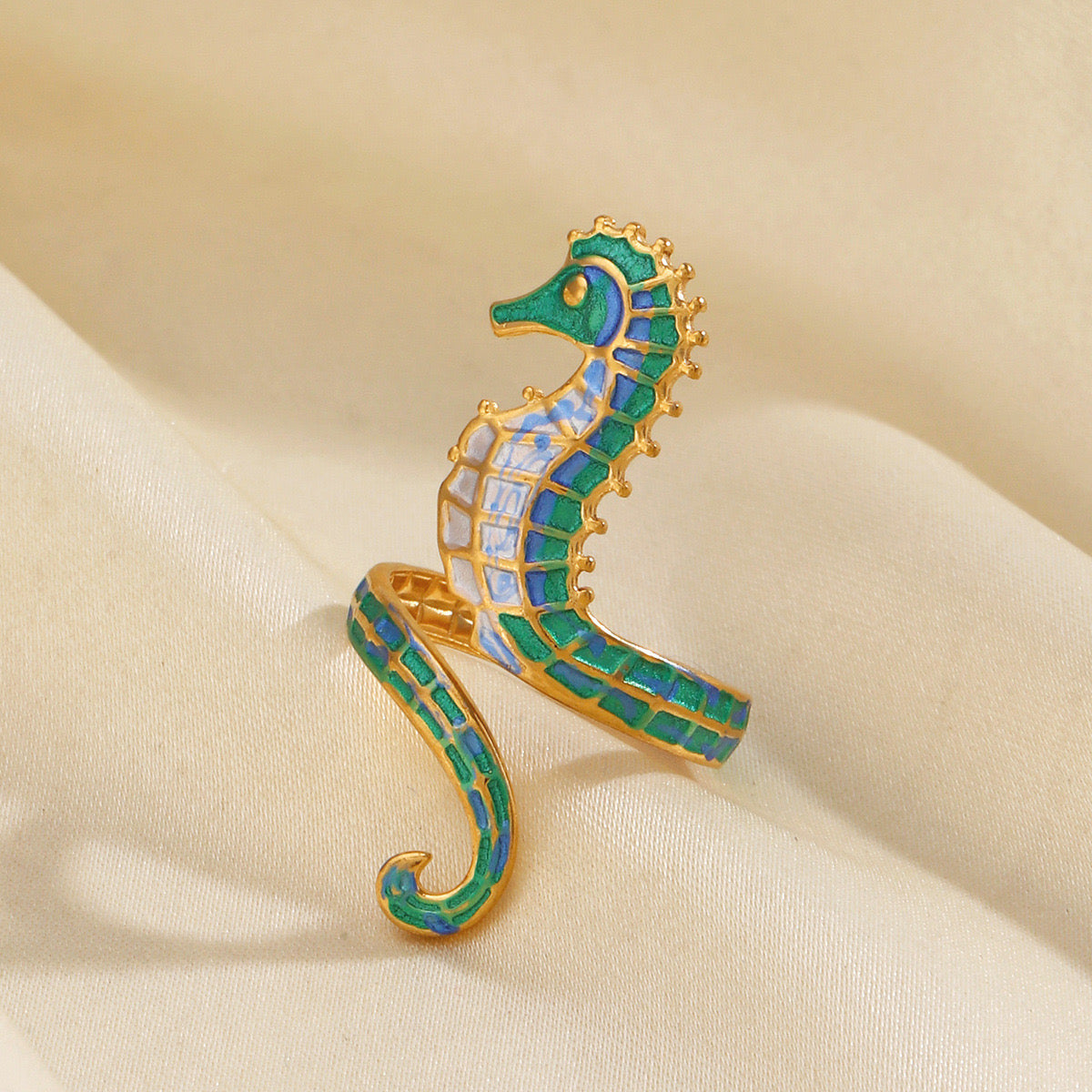 Colourful large Seahorse adjustable ring stainless steel tarnish free water resistant