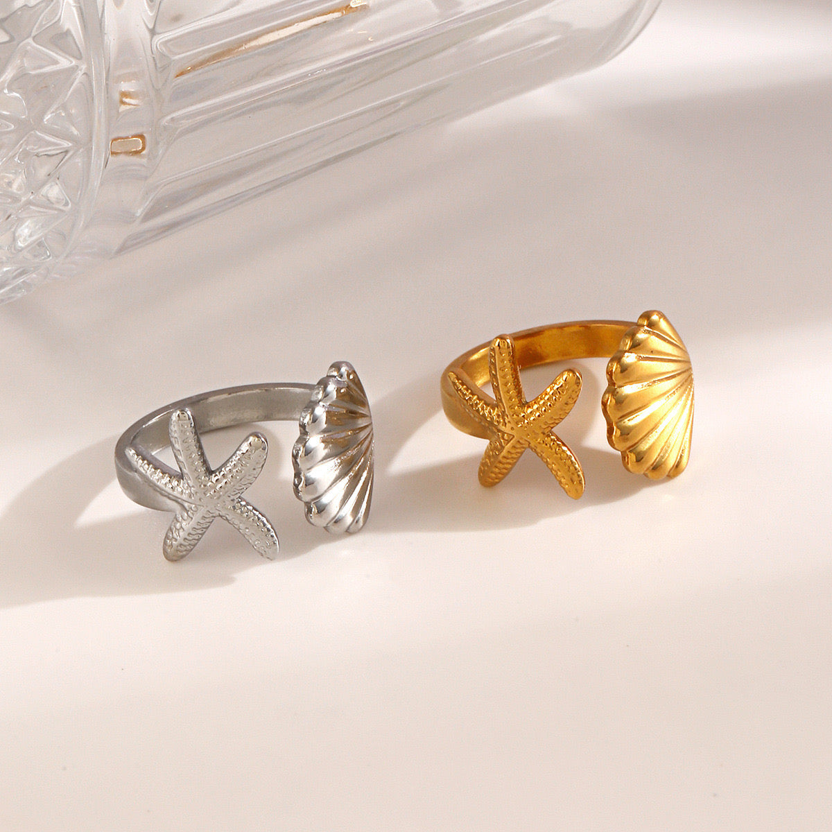 starfish and shell holiday ocean design silver &gold adjustable ring stainless steel water resistant