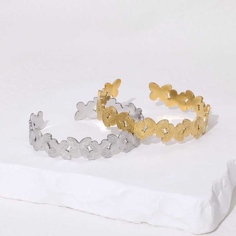 Butterflies design open adjustable bangle silver&gold stainless steel tarnish free