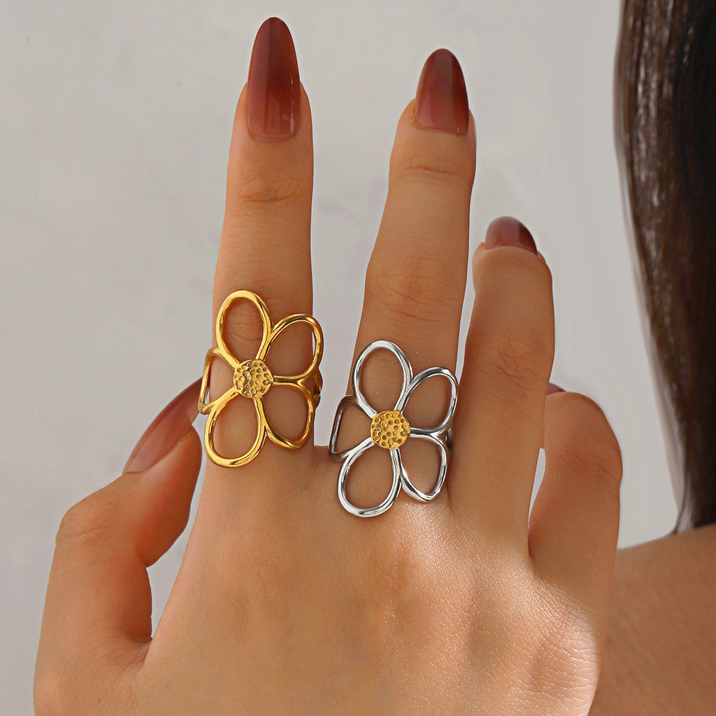 Large floral Five-petaled flower design adjustable ring gold & silver stainless steel water resistant tarnish free