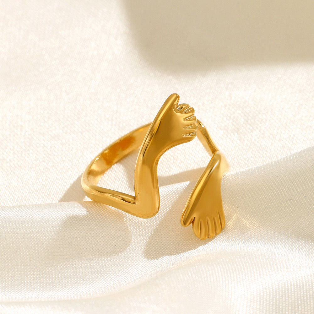 Big love hug with two hands adjustable ring Gold & silver stainless steel tarnish free water resistant