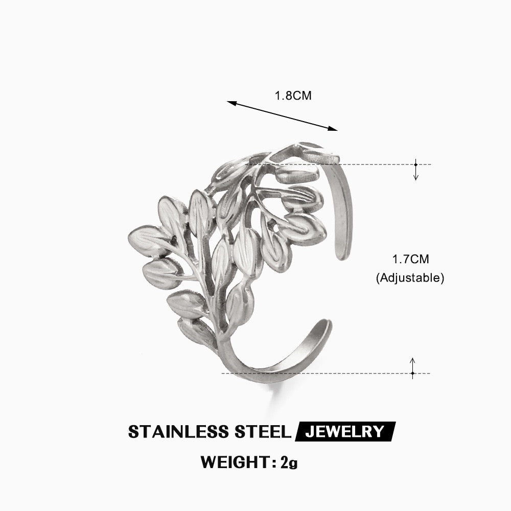 Small leaves design adjustable open ring stainless steel water resistant