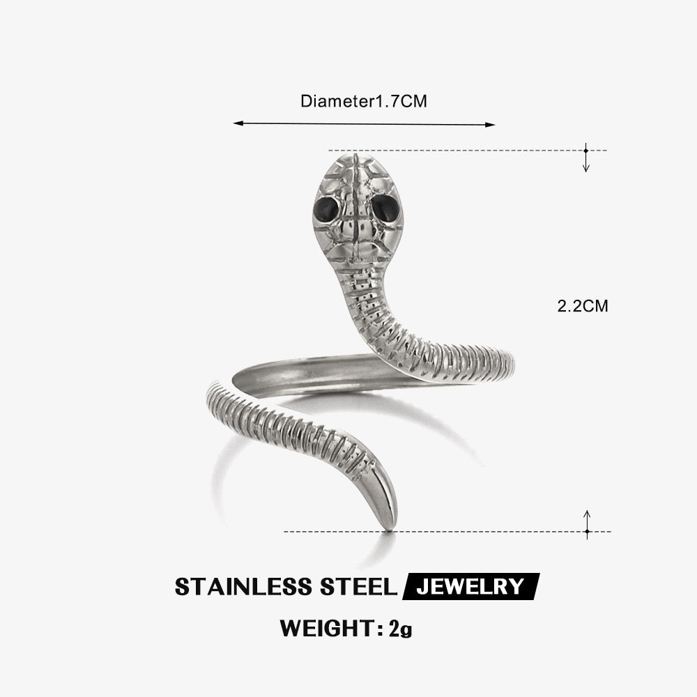 Mystery black eye snake with pattern adjustable ring gold & silver stainless steel tarnish free water resistant