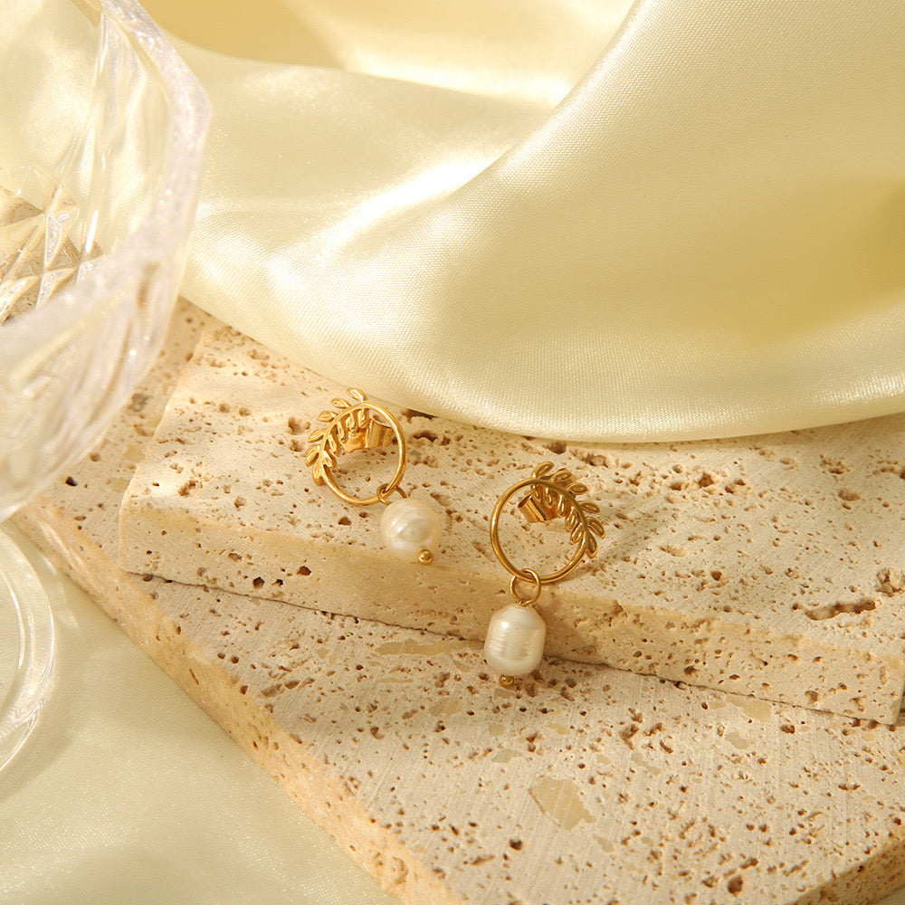 Fresh water pearls with leaves design earrings stainless steel water resistant
