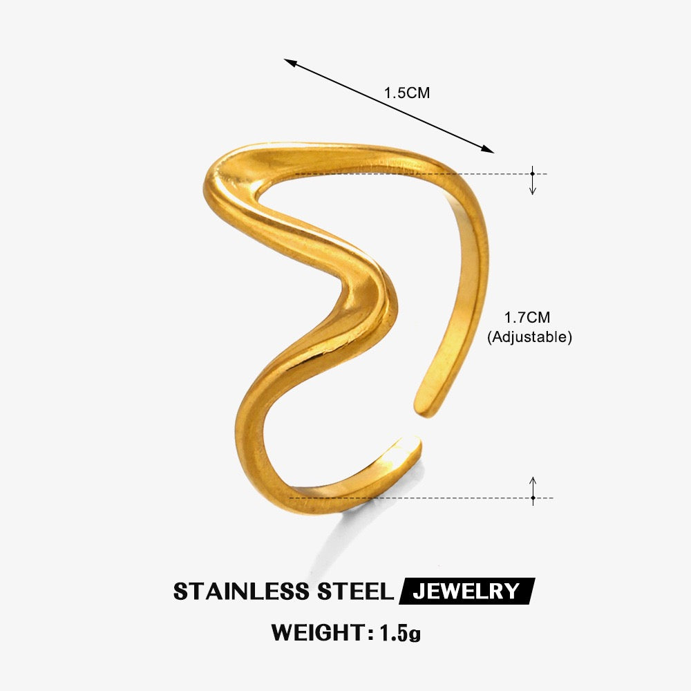 Wave geometric design adjustable open ring stainless steel water resistant