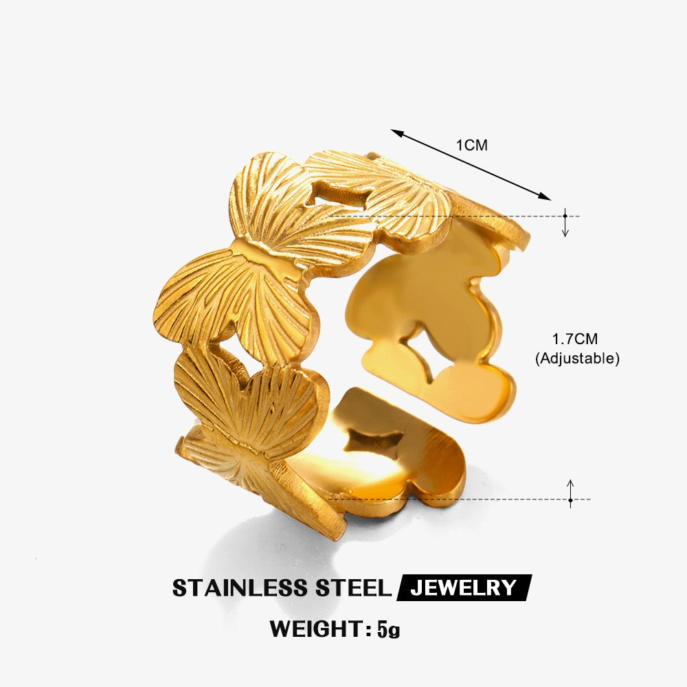 Butterflies chunky adjustable ring stainless steel water-resistant
