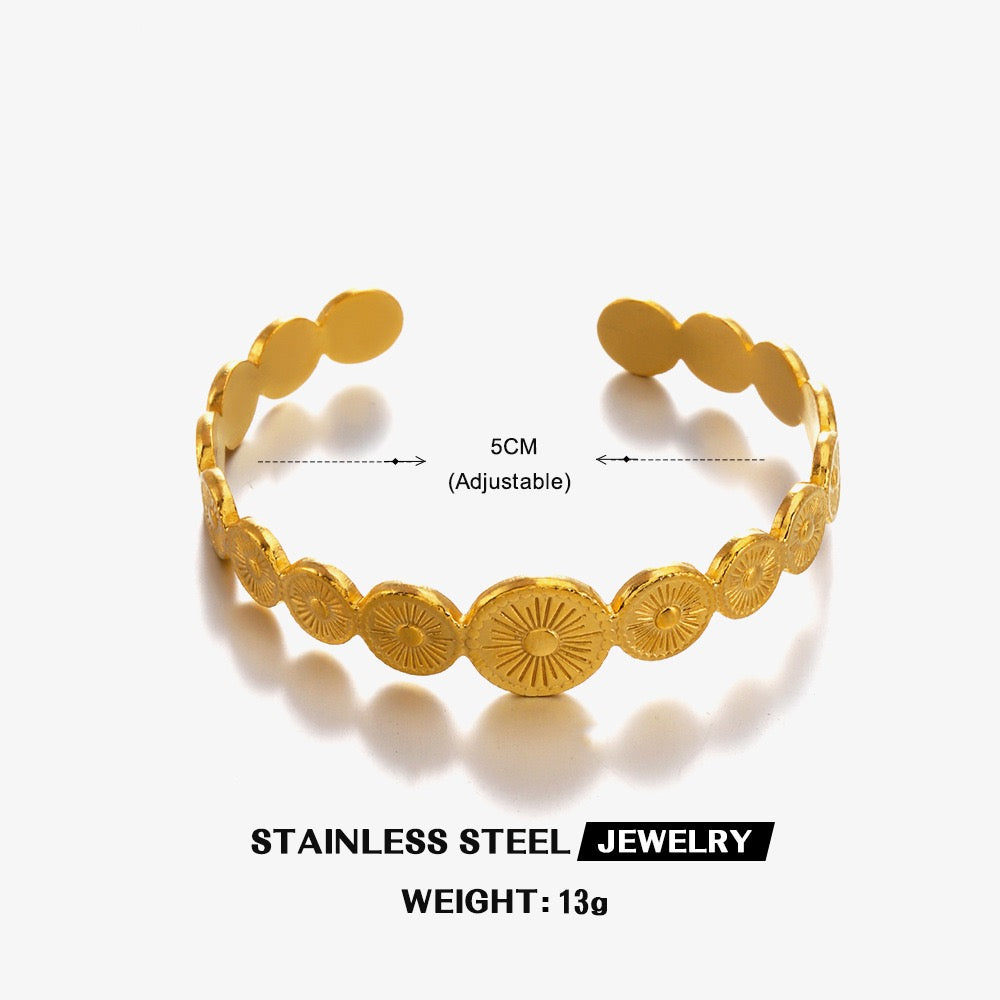 Ethnic style circles deign adjustable open bangle stainless steel water resistant
