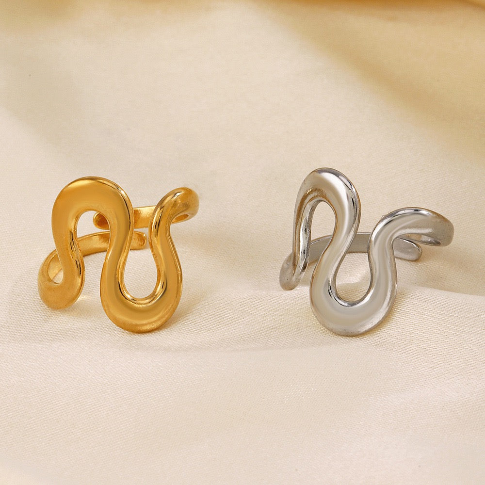 Large wavy design adjustable open ring stainless steel water resistant