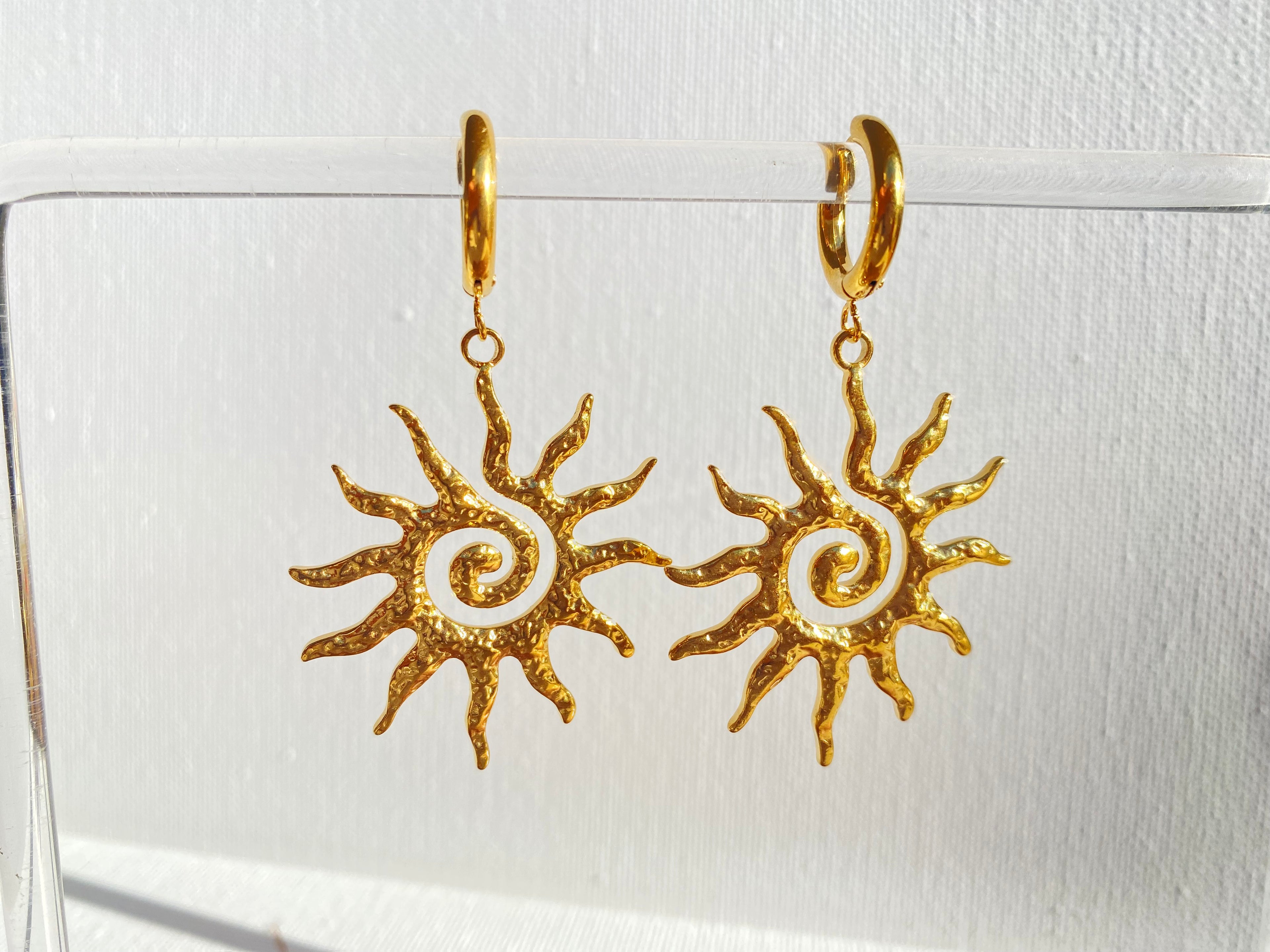 Dangle sun and swirl stylish positive energy earrings stainless steel tarnish free