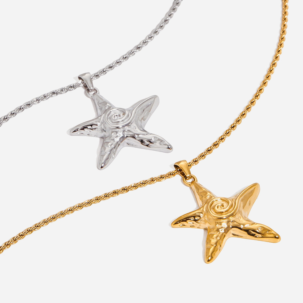 Star fish with swirls ocean inspired stainless steel tarnish free necklace extra longer chain 50+5Cm