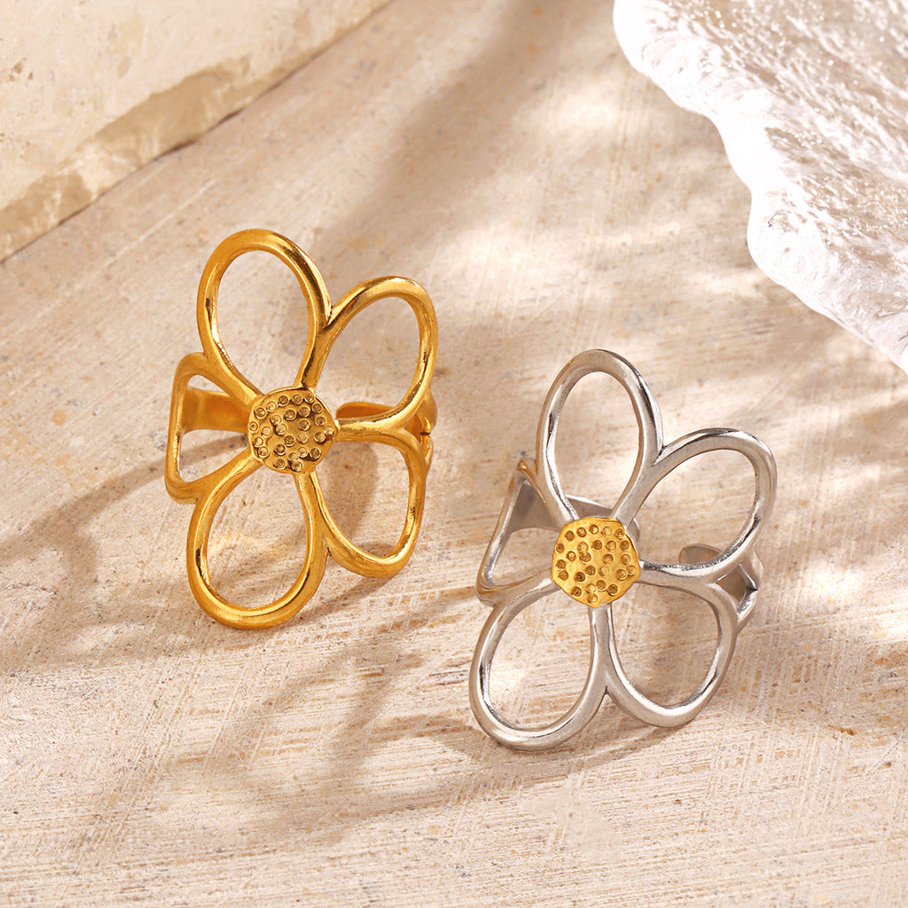 Large floral Five-petaled flower design adjustable ring gold & silver stainless steel water resistant tarnish free