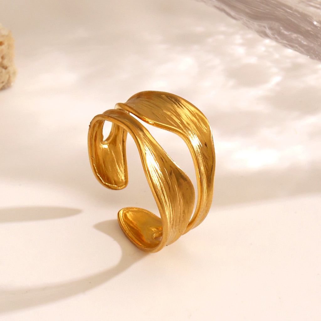 Double-layered irregular design stainless steel tarnish free water resistant adjustable size ring