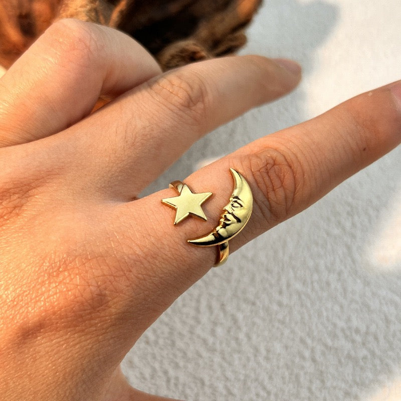 Moon with star energy open adjustable ring stainless steel tarnish free