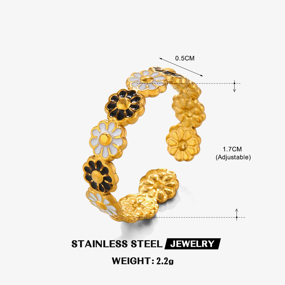 Floral Daisy design adjustable ring 18K Gold stainless steel tarnish free water resistant