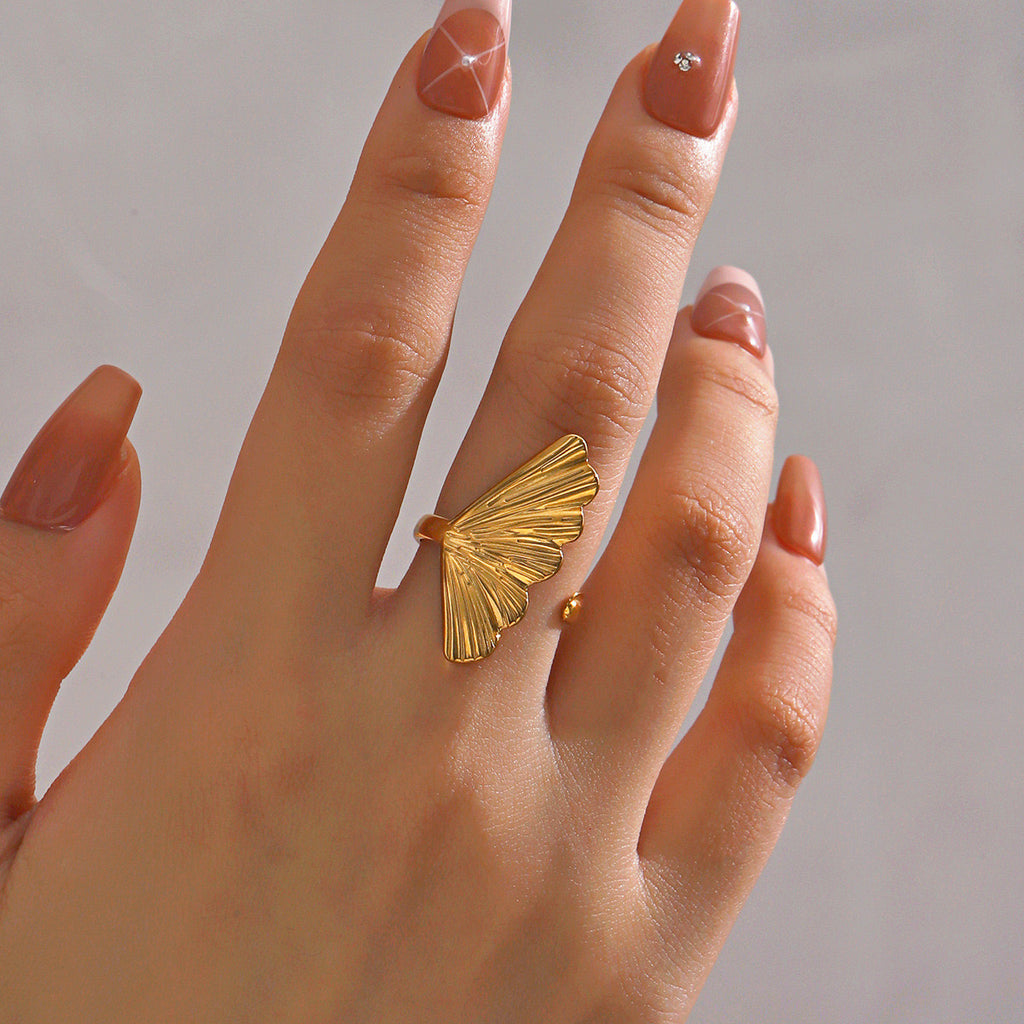 Ginkgo leaf inspired stylish adjustable ring stainless steel water resistant