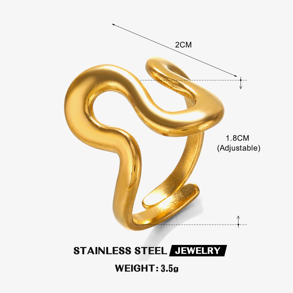 Large wavy design adjustable open ring stainless steel water resistant