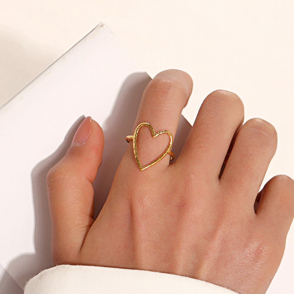Shiny love heart design adjustable size gold & silver stainless steel water resistant ring