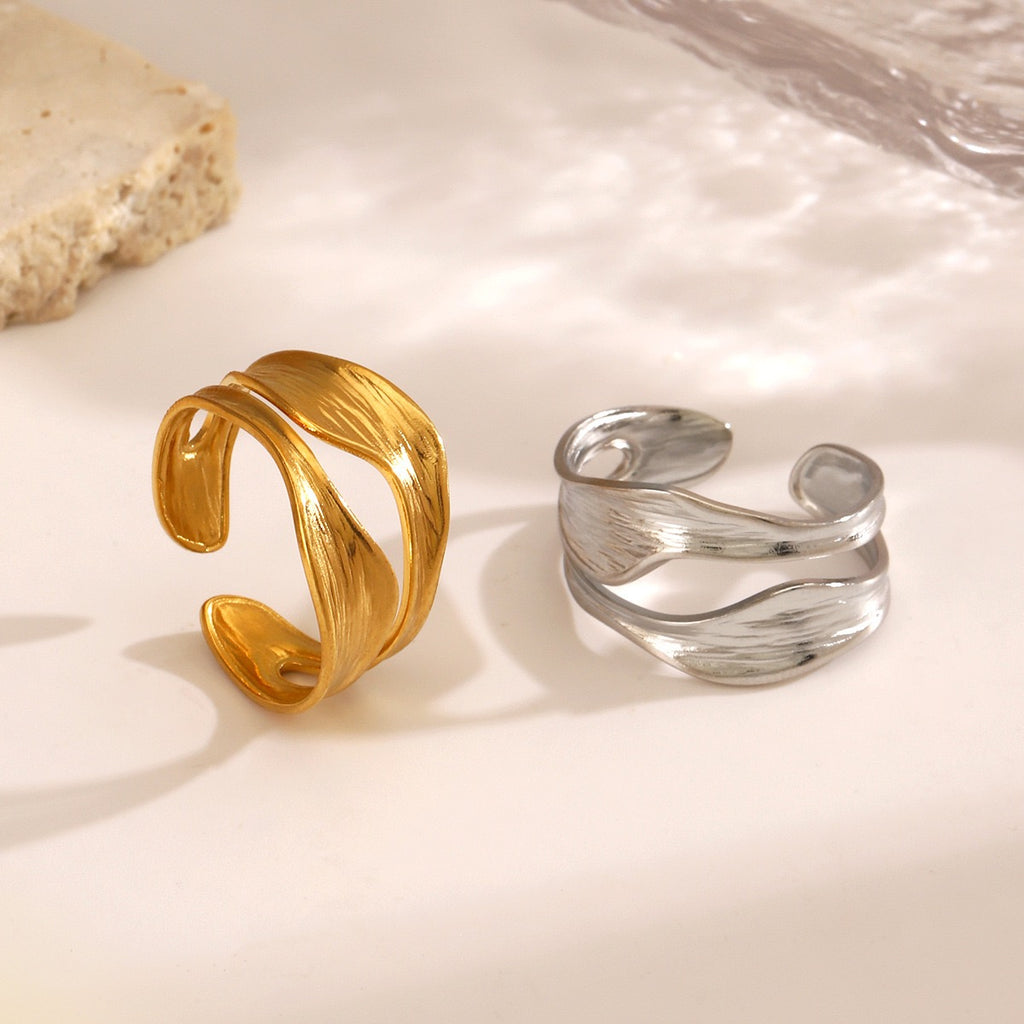 Double-layered irregular design stainless steel tarnish free water resistant adjustable size ring