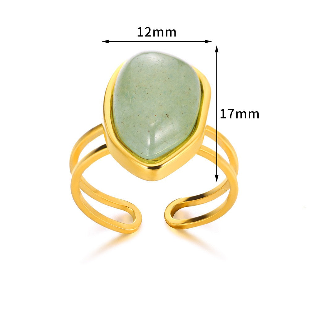Gem stones adjustable open ring stainless steel tarnish free