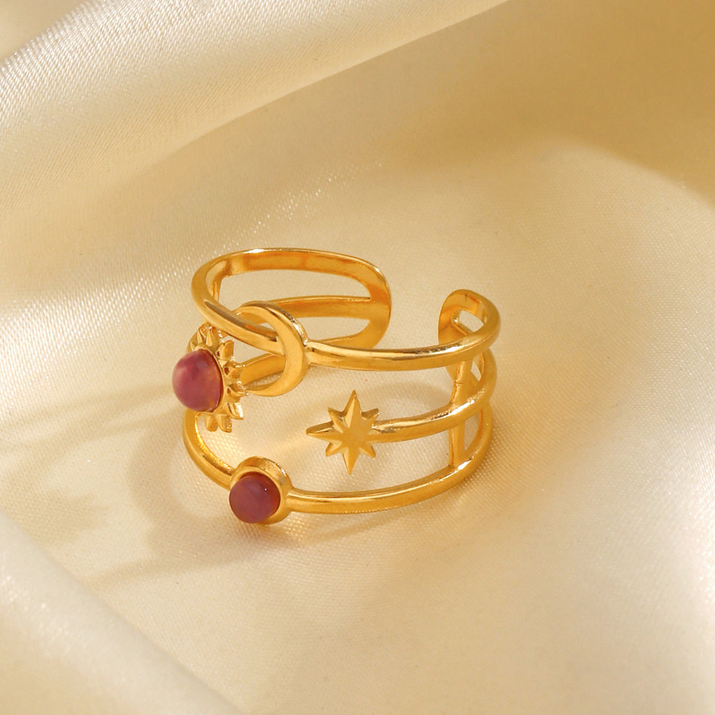 Sun moon star with pink stone adjustable 3 layer ring tarnish free stainless steel
