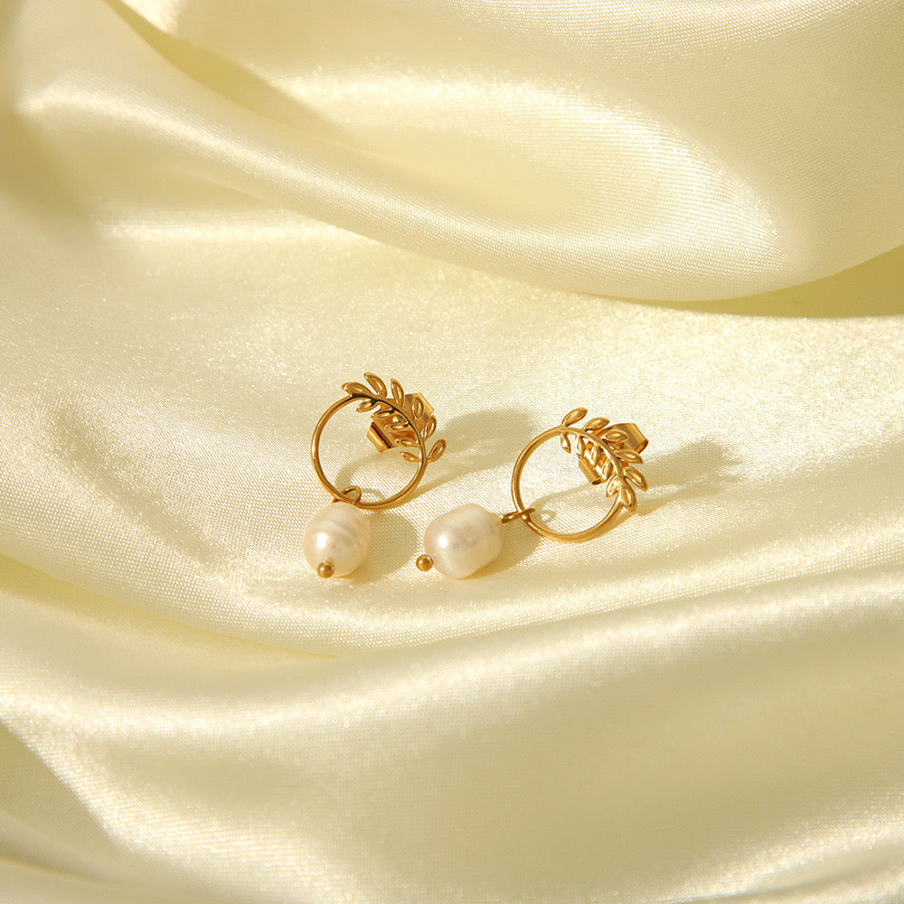 Fresh water pearls with leaves design earrings stainless steel water resistant